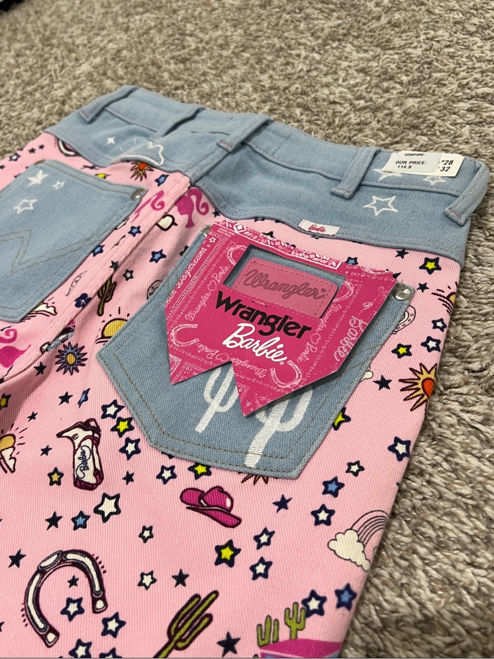 Wrangler Barbie Pink Western Novelty Flared Jeans with Light Blue Waistband - Picture 2 of 6